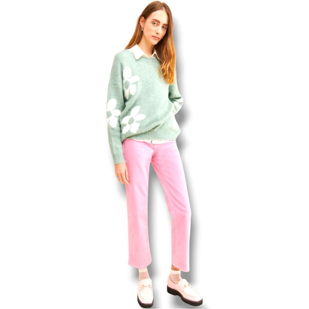 Little Lies M/L Mint Green with White Floral Crewneck Sweater Soft Intarsia Knit - Picture 4 of 16